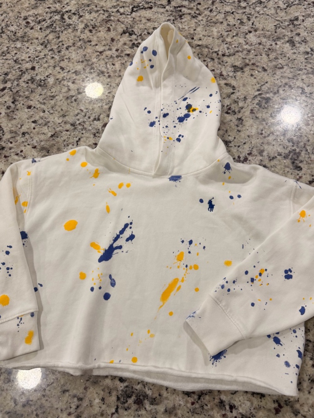 Polo by Ralph Lauren White Tee with Blue & Yellow Paint Splatter crop style
